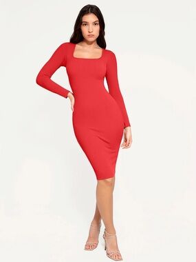 Popilush Womens Shapewear Long Sleeve Square Neck Modal Slimming Midi Dress